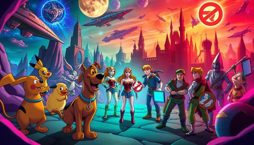 Scooby-Doo and the Mystery Gang embark on an interdimensional adventure, encountering beloved characters from other franchises. In the foreground, Scooby and Shaggy stumble upon Pikachu, Bugs Bunny, and Bart Simpson, all engaged in a whimsical, animated interaction. In the middle ground, Wonder Woman, Link from The Legend of Zelda, and the Ghostbusters team investigate a paranormal disturbance. The background reveals a surreal, kaleidoscopic landscape, blending elements from various fictional universes - towering spaceships, medieval castles, and vibrant, neon-lit cityscapes. The lighting is a dynamic mix of bold, saturated colors, creating an energetic, playful atmosphere that captures the spirit of a Scooby-Doo crossover extravaganza.