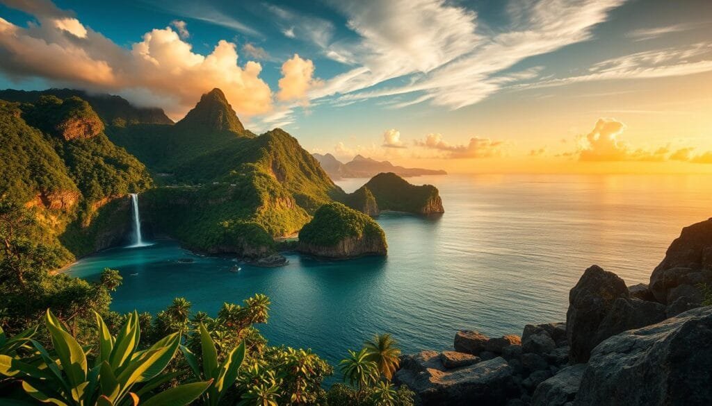 Serene ocean vistas with lush, verdant islands rising from the turquoise waters. Towering, jagged cliffs draped in lush vegetation overlooking tranquil bays. Majestic waterfalls cascading down rocky outcroppings into serene pools. Warm, golden sunlight filtering through wispy clouds, casting a gentle glow over the picturesque tropical landscapes. Lush, vibrant foliage in the foreground, with distant mountain ranges fading into the horizon. Rugged, weathered rock formations and smooth, polished stone beaches. Bioluminescent plankton glimmering in the moonlit waves. Atmospheric, cinematic lighting that evokes a sense of wonder and adventure. Serene ocean vistas with lush, verdant islands rising from the turquoise waters. Towering, jagged cliffs draped in lush vegetation overlooking tranquil bays. Majestic waterfalls cascading down rocky outcroppings into serene pools. Warm, golden sunlight filtering through wispy clouds, casting a gentle glow over the picturesque tropical landscapes. Lush, vibrant foliage in the foreground, with distant mountain ranges fading into the horizon. Rugged, weathered rock formations and smooth, polished stone beaches. Bioluminescent plankton glimmering in the moonlit waves. Atmospheric, cinematic lighting that evokes a sense of wonder and adventure.