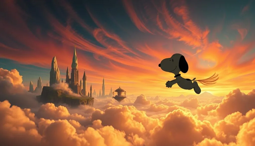Snoopy soaring through fantastical realms, his iconic beagle form silhouetted against a vibrant, dreamlike sky. Wispy clouds part to reveal a kaleidoscope of otherworldly landscapes - towering crystalline spires, floating islands cloaked in ethereal mists, and swirling vortices of color. Snoopy glides effortlessly, his expression serene, as if he is one with this surreal, imaginative domain. Warm, diffused lighting casts a sense of wonder, while a wide-angle lens captures the expansive, immersive quality of this fantastical scene. An atmosphere of pure whimsy and adventure permeates the image, inviting the viewer to join Snoopy on this enchanting journey beyond the bounds of the familiar.
