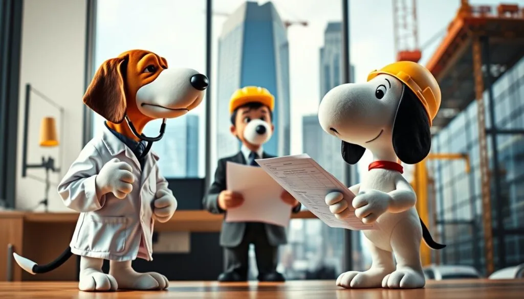 Snoopy, the beloved Beagle, depicted in a collage of diverse professional roles. In the foreground, Snoopy dons a crisp white lab coat, stethoscope in hand, examining a patient with keen medical expertise. In the middle ground, Snoopy, clad in a sharp business suit, reviews financial reports, surrounded by a sleek, modern office setting. In the background, Snoopy, donning a construction hard hat, oversees the construction of a towering skyscraper, his paws directing the bustling activity. The scene is illuminated by warm, natural lighting, capturing Snoopy's adaptability and versatility across a range of occupations, from the medical field to the corporate world and beyond. The overall composition conveys a sense of Snoopy's boundless potential and the diverse paths he can navigate with his signature charm and intelligence.