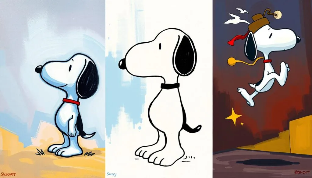 Snoopy, the beloved beagle, depicted in a variety of artistic styles. A masterful rendering of the iconic character in the style of Impressionism, with bold brushstrokes and a vibrant color palette. Snoopy's silhouette emerging from a hazy, dreamlike background, evoking a sense of whimsy and nostalgia. Transitioning to a Cubist interpretation, sharp angles and fragmented forms reimagine Snoopy's shape, inviting the viewer to explore the composition from multiple perspectives. Finally, a Surrealist take, where Snoopy floats weightlessly, surrounded by fantastical elements that defy reality, sparking the imagination. Each artistic interpretation capturing the essence of Snoopy, a timeless character that transcends the boundaries of traditional illustration.