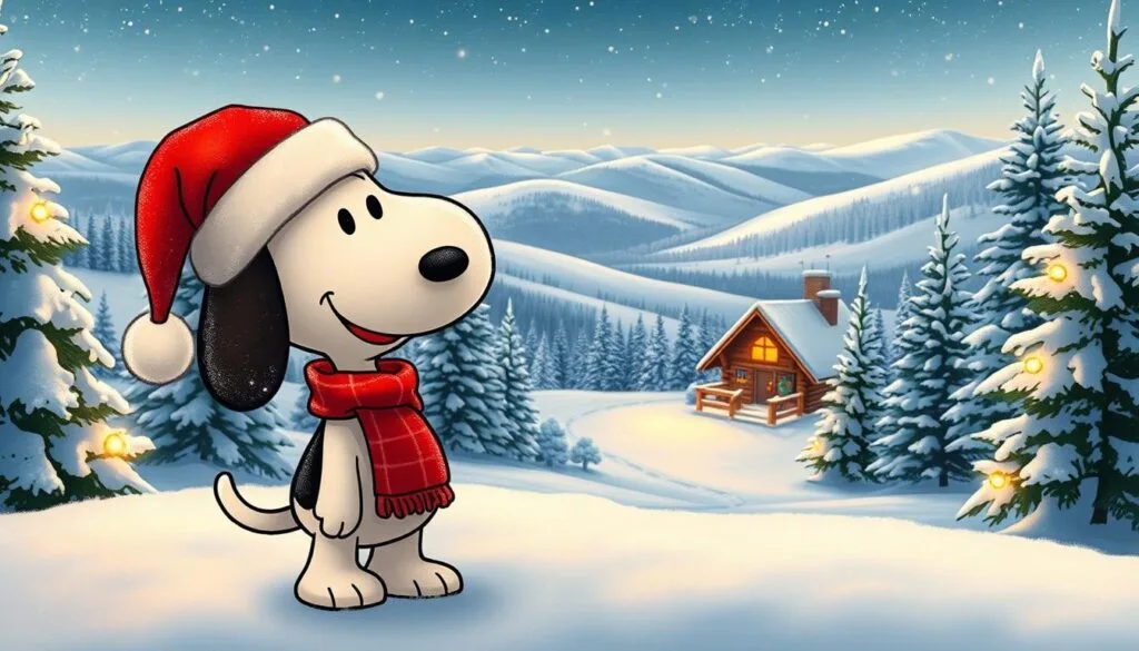 Snoopy, the beloved beagle, joyfully celebrates Christmas in a cozy winter wonderland. He stands in the foreground, his fur glistening with a light dusting of snow, wearing a bright red scarf and a Santa hat adorned with twinkling lights. In the middle ground, a charming log cabin nestled among snow-covered pine trees sets the festive scene, its warm, golden lights casting a soft glow. The background is a breathtaking landscape of rolling hills blanketed in a pristine white layer of snow, with a clear, starry sky overhead. The overall mood is one of whimsical holiday cheer and peaceful tranquility.