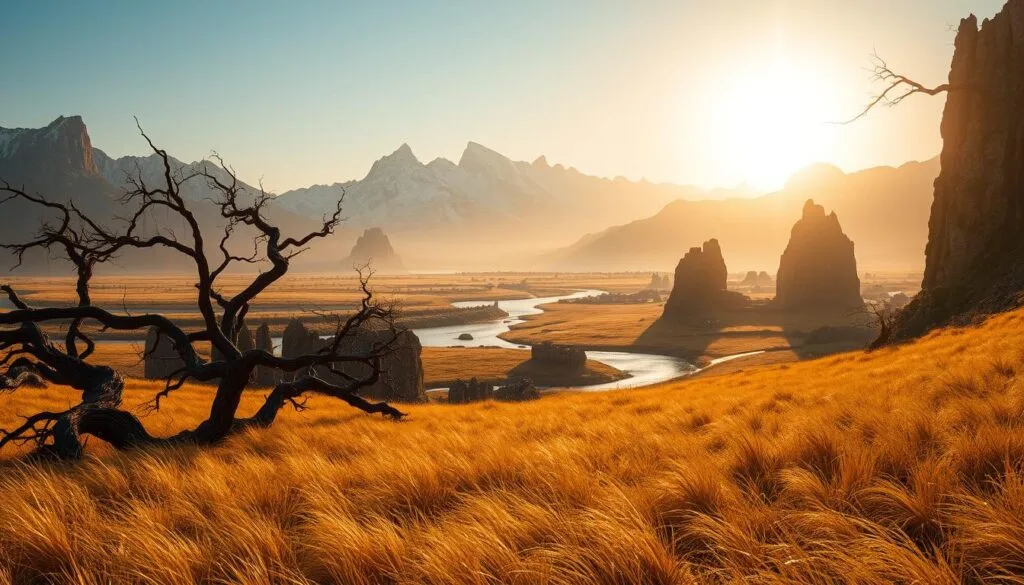 Sprawling, ethereal landscapes of Elden Ring: A vast, windswept field of golden grass, with towering cliffs and jagged rock formations in the distance, bathed in the soft, golden light of a setting sun. Gnarled, twisted trees dot the foreground, their branches reaching skyward like skeletal fingers. In the middle ground, a winding river reflects the dusky sky, its calm waters breaking around ancient, moss-covered ruins. The background is dominated by a majestic, snow-capped mountain range, its peaks piercing the heavens. Subtle fog wisps through the scene, adding to the sense of mystery and wonder. Cinematic, 35mm lens, dramatic lighting, highly detailed. Sprawling, ethereal landscapes of Elden Ring: A vast, windswept field of golden grass, with towering cliffs and jagged rock formations in the distance, bathed in the soft, golden light of a setting sun. Gnarled, twisted trees dot the foreground, their branches reaching skyward like skeletal fingers. In the middle ground, a winding river reflects the dusky sky, its calm waters breaking around ancient, moss-covered ruins. The background is dominated by a majestic, snow-capped mountain range, its peaks piercing the heavens. Subtle fog wisps through the scene, adding to the sense of mystery and wonder. Cinematic, 35mm lens, dramatic lighting, highly detailed.
