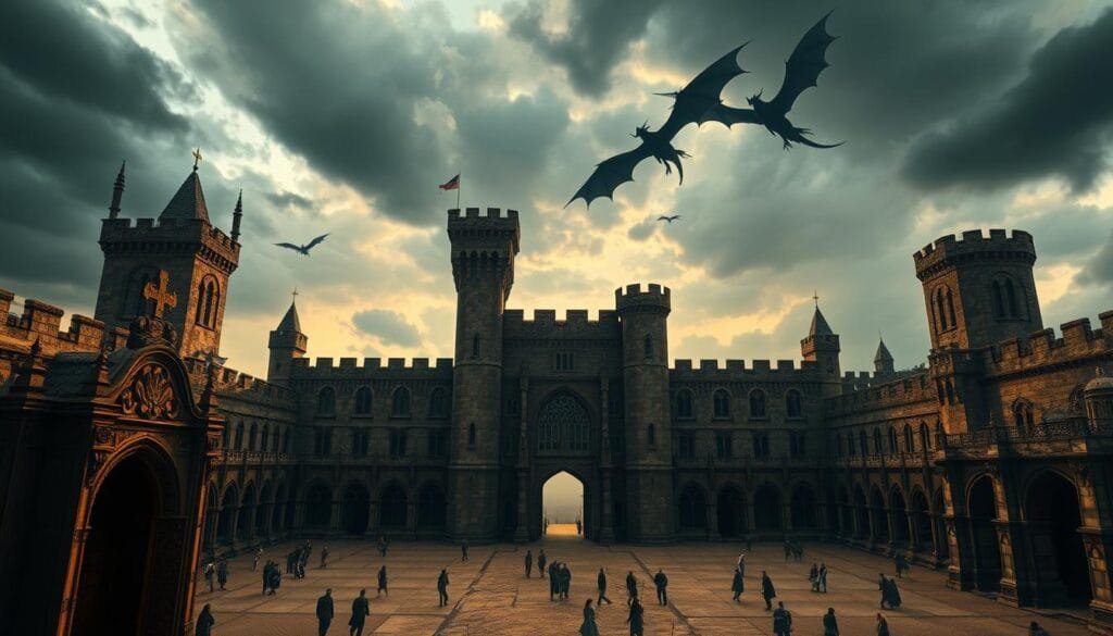 Sprawling medieval castle, imposing architecture with towers and turrets, against a dramatic cloudy sky. In the foreground, a large ornate doorway with intricate carvings and weathered stone. The courtyard in the middle ground is bustling with activity - guards, servants, and nobles moving about. In the background, the silhouettes of dragons soar through the sky, their massive wings casting ominous shadows. Warm, golden lighting illuminates the scene, creating a sense of foreboding and grandeur. Cinematic, high-fantasy mood that evokes the world of House of the Dragon.