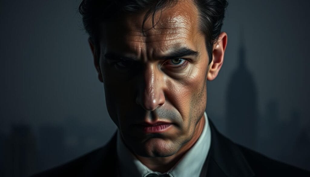 Striking portrait of Roman Roy, the complex and enigmatic heir to the Waystar Royco empire. Captured in a moody, dramatic lighting, his face is half-obscured by shadows, hinting at the duality of his character - the public face of a confident, calculating businessman, and the private torment of a man haunted by his own ambitions and insecurities. The background is a muted, dreamlike cityscape, reflecting the sense of isolation and detachment that permeates Roman's world. The composition is tightly framed, drawing the viewer's gaze into the subject's mesmerizing, almost haunted expression. Soft, diffused lighting creates a sense of depth and atmosphere, while a shallow depth of field keeps the focus squarely on Roman's face, the epicenter of this complex, captivating portrait.