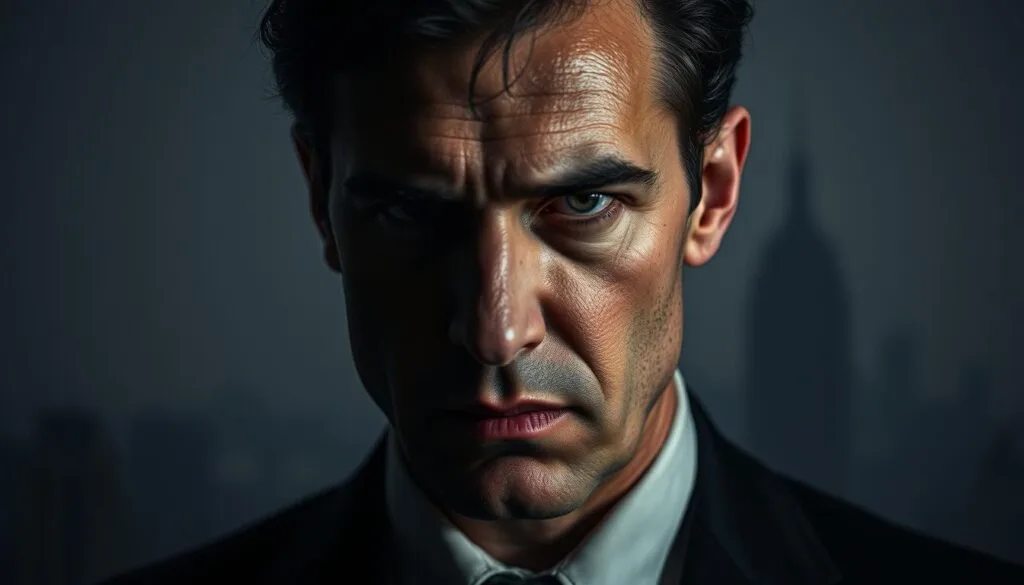 Striking portrait of Roman Roy, the complex and enigmatic heir to the Waystar Royco empire. Captured in a moody, dramatic lighting, his face is half-obscured by shadows, hinting at the duality of his character - the public face of a confident, calculating businessman, and the private torment of a man haunted by his own ambitions and insecurities. The background is a muted, dreamlike cityscape, reflecting the sense of isolation and detachment that permeates Roman's world. The composition is tightly framed, drawing the viewer's gaze into the subject's mesmerizing, almost haunted expression. Soft, diffused lighting creates a sense of depth and atmosphere, while a shallow depth of field keeps the focus squarely on Roman's face, the epicenter of this complex, captivating portrait. Striking portrait of Roman Roy, the complex and enigmatic heir to the Waystar Royco empire. Captured in a moody, dramatic lighting, his face is half-obscured by shadows, hinting at the duality of his character - the public face of a confident, calculating businessman, and the private torment of a man haunted by his own ambitions and insecurities. The background is a muted, dreamlike cityscape, reflecting the sense of isolation and detachment that permeates Roman's world. The composition is tightly framed, drawing the viewer's gaze into the subject's mesmerizing, almost haunted expression. Soft, diffused lighting creates a sense of depth and atmosphere, while a shallow depth of field keeps the focus squarely on Roman's face, the epicenter of this complex, captivating portrait.