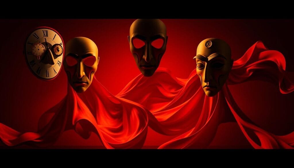 Surreal Salvador Dalí-inspired masks float in the foreground, casting dramatic shadows against a deep crimson backdrop. The masks feature the iconic melting clocks and abstract, cubist shapes, evoking a sense of dreamlike distortion. In the middle ground, flowing red capes billow and swirl, their vibrant hues complementing the dark, moody atmosphere. Dramatic lighting casts warm highlights and cool shadows, creating an air of mystery and intrigue. The overall scene exudes a captivating, cinematic quality, reflecting the iconic imagery of the hit TV series "La Casa de Papel".