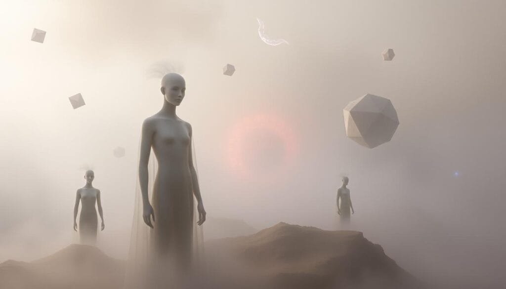 Surreal dreamlike landscape of Euphoria, with ethereal figures and otherworldly elements. Soft, diffused lighting casts a hazy, dreamlike glow. Floating geometric shapes, glowing orbs, and wisps of colorful energy drift through the misty atmosphere. In the foreground, ghostly humanoid forms emerge from the mist, their expressions serene and contemplative. The middle ground features abstract, semi-transparent structures that seem to defy gravity. The background blends into an indistinct, horizon-less void of muted hues and faint luminescence. A sense of tranquility and transcendence pervades the scene, inviting the viewer into a realm of subconscious exploration.