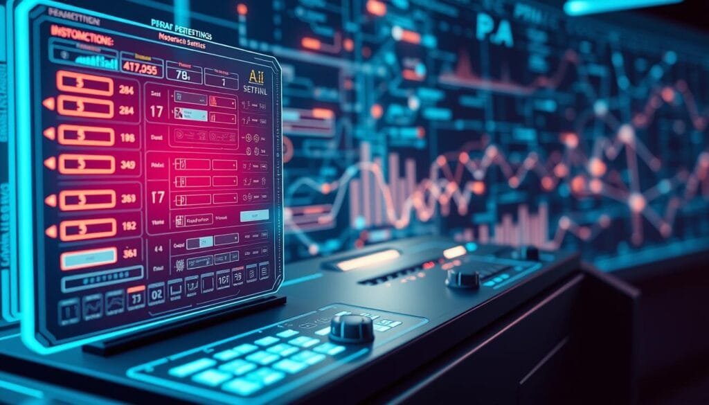 Technical parameters in AI prompts, a detailed blueprint for a futuristic, high-tech digital interface. In the foreground, a holographic display showcases a variety of customizable settings and controls, glowing with a cool, neon-like luminescence. The middle ground features a sleek, minimalist control panel with touch-sensitive buttons and dials, bathed in a soft, ambient light. In the background, a series of abstract, interconnected data visualizations pulsate with dynamic energy, creating a sense of depth and complexity. The overall composition conveys a cutting-edge, research-oriented atmosphere, with a focus on precision, technology, and the power of carefully crafted prompts to unlock the full potential of AI-generated imagery.
