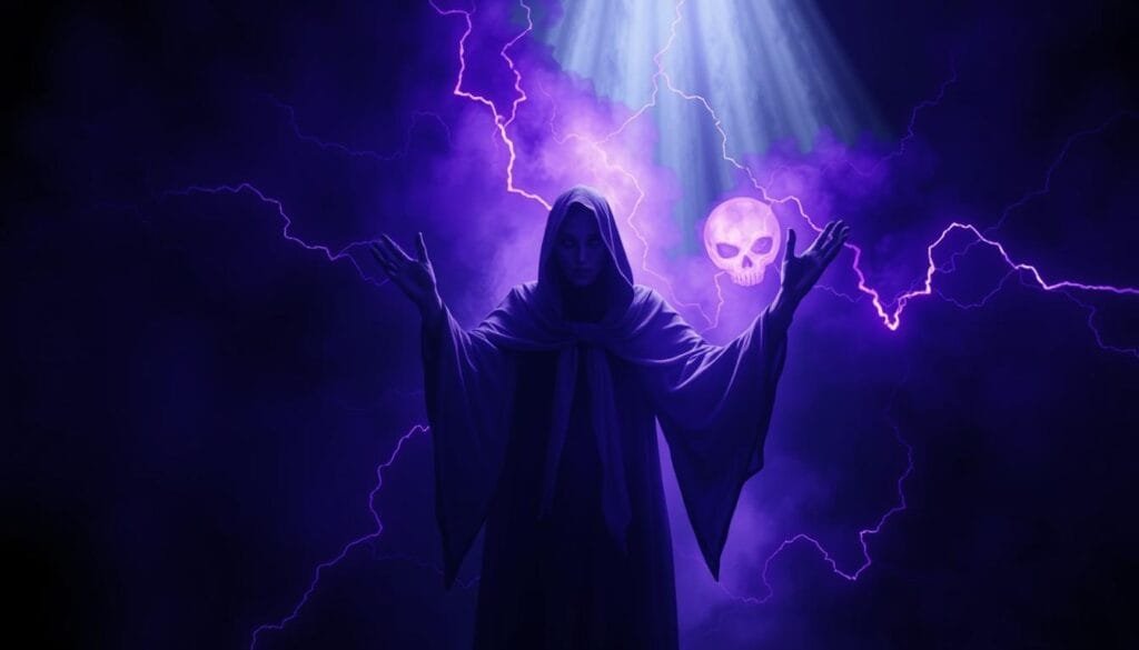 Técnicas malditas visuales: En un inquietante escenario, sombras retorcidas y oscuras se extienden, emanando un aura de poder arcano. Figuras espectrales con ojos penetrantes surgen entre los trazos de energía violácea, que se retuercen como si tuvieran vida propia. La iluminación tenue y siniestra crea un ambiente cargado de tensión, mientras que el enfoque borroso en los bordes intensifica la sensación de misterio y lo inexplicable. Destellos de luz intermitente añaden dramatismo a esta escena de técnicas malditas visualizadas con una estética cautivadora y perturbadora. Técnicas malditas visuales: En un inquietante escenario, sombras retorcidas y oscuras se extienden, emanando un aura de poder arcano. Figuras espectrales con ojos penetrantes surgen entre los trazos de energía violácea, que se retuercen como si tuvieran vida propia. La iluminación tenue y siniestra crea un ambiente cargado de tensión, mientras que el enfoque borroso en los bordes intensifica la sensación de misterio y lo inexplicable. Destellos de luz intermitente añaden dramatismo a esta escena de técnicas malditas visualizadas con una estética cautivadora y perturbadora.