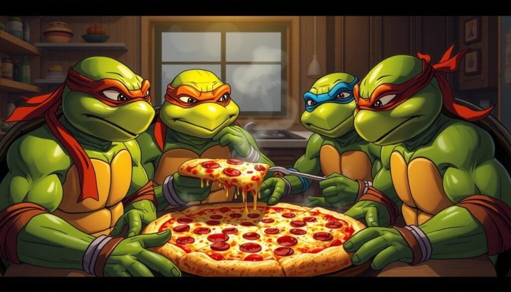 Teenage Mutant Ninja Turtles enjoying a slice of delectable pizza in a cozy, well-lit kitchen. Raphael, Donatello, Michelangelo, and Leonardo, each with distinct personalities, sitting around a wooden table, their shells gleaming under warm overhead lighting. The steaming pizza, fresh from the oven, is the focal point, with gooey cheese and aromatic toppings that invite the viewer to take a bite. The turtles' expressions convey a sense of camaraderie and pure delight as they indulge in their favorite treat, radiating a lighthearted, humorous atmosphere. The scene captures the essence of the Teenage Mutant Ninja Turtles in a relatable, everyday setting, showcasing their love for pizza and the joy they find in each other's company.