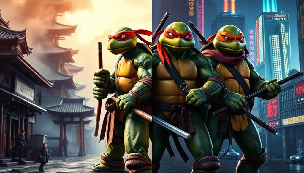 Teenage Mutant Ninja Turtles in different eras: A striking quartet of humanoid turtles, Raphael, Donatello, Michelangelo, and Leonardo, clad in vibrant costumes and wielding their iconic weapons, stand tall against the backdrop of historical settings. From the gritty streets of medieval Japan to the neon-lit cityscapes of the future, these heroic reptiles adapt their styles and gear to the demands of the time, showcasing their timeless prowess and unwavering spirit. Dramatic lighting, dynamic camera angles, and a sense of cinematic grandeur capture the turtles' evolution, blending their classic comic book origins with visually stunning interpretations across the ages.