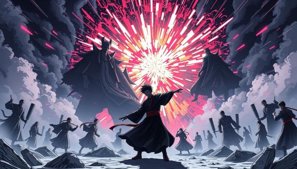 Título del artículo: "Prompts para Crear Imágenes de Jujutsu Kaisen con IA." Sección: "Inspiración más allá del anime (290 palabras)" Una vasta escena que contrasta el estilo artístico del manga japonés y el animado anime. En el primer plano, una dramática composición de figuras icónicas de Jujutsu Kaisen, con fuertes trazos, sombras marcadas y paleta de colores limitada. Al fondo, una explosión de movimiento y efectos visuales, la estética vibrante y saturada típica del anime, con iluminación dinámica y ángulos de cámara audaces. Ambos mundos coexisten en armonía, reflejando la diversidad y riqueza de la cultura japonesa de entretenimiento visual. Título del artículo: "Prompts para Crear Imágenes de Jujutsu Kaisen con IA." Sección: "Inspiración más allá del anime (290 palabras)" Una vasta escena que contrasta el estilo artístico del manga japonés y el animado anime. En el primer plano, una dramática composición de figuras icónicas de Jujutsu Kaisen, con fuertes trazos, sombras marcadas y paleta de colores limitada. Al fondo, una explosión de movimiento y efectos visuales, la estética vibrante y saturada típica del anime, con iluminación dinámica y ángulos de cámara audaces. Ambos mundos coexisten en armonía, reflejando la diversidad y riqueza de la cultura japonesa de entretenimiento visual.