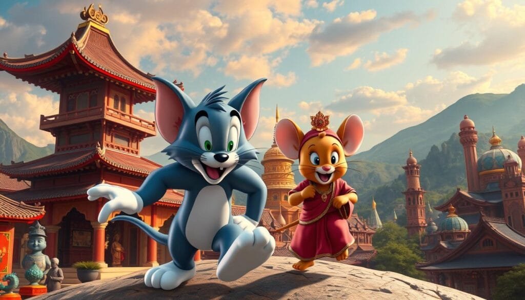 Tom and Jerry in diverse global cultures, showcasing the iconic duo's universal appeal. A vibrant, detailed panorama depicting the cat and mouse in traditional garb and settings from various nations - an ancient Japanese pagoda, an ornate Indian palace, a bustling African marketplace, a rustic European countryside. Warm, saturated lighting illuminates the whimsical scenes, capturing the playful dynamic between the beloved characters as they engage in their timeless chase across the multicultural landscape. Cinematic composition and a sense of movement emphasize the timeless, cross-cultural nature of their timeless antics. Intricate, meticulously rendered details bring the cultural elements to life, creating an immersive experience that celebrates the duo's global popularity.