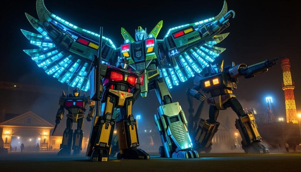 Transformers en diferentes épocas históricas: Un desfile de poderosas máquinas a través del tiempo. En la era medieval, robustos caballeros blindados se transforman en imponentes castillos voladores. En la época colonial, elegantes navíos de guerra se metamorfosean en majestuosos acorazados. En la era industrial, imponentes fábricas se convierten en gigantescos titanes. Iluminados por cálidas luces de antaño, estos híbridos mecánicos y arquitectónicos se yerguen con gracia y dinamismo, reflejando la evolución del ingenio humano. Un espectáculo memorable que transporta al observador a distintas eras, donde la magia de la transformación es el hilo conductor.