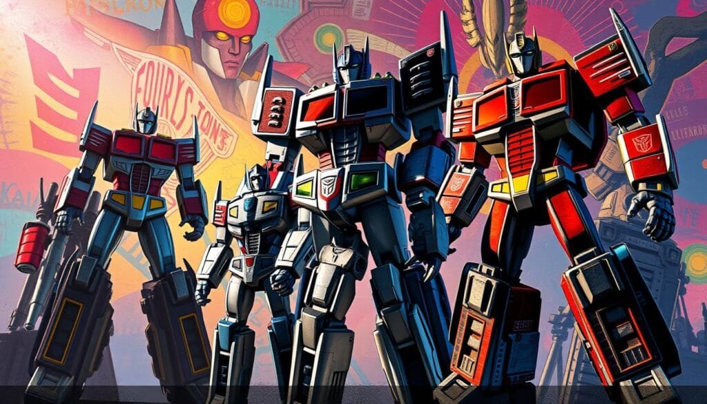 Transformers en diferentes estilos artísticos: a vibrant showcase of iconic characters reimagined in a variety of artistic mediums. In the foreground, the heroic Autobots stand tall, their metallic forms captured in the bold, expressive brushstrokes of an abstract expressionist style. In the middle ground, the imposing Decepticons loom, their angular silhouettes rendered in the stark, geometric lines of cubism. The background is a kaleidoscopic tapestry, blending the dreamlike surrealism of Salvador Dalí with the vibrant, pop-art aesthetics of Roy Lichtenstein. Dramatic lighting casts dramatic shadows, creating a sense of depth and drama, while a soft, hazy atmosphere lends an ethereal quality to the scene. The overall composition is a dynamic, multi-layered celebration of the Transformers' enduring legacy, showcasing their timeless appeal through the lens of diverse artistic visions.