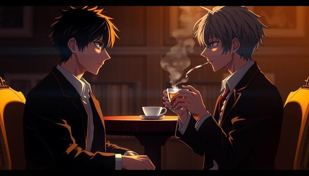 Two brilliant young men, Light Yagami and L Lawliet, face off in an intense game of cat and mouse, their enigmatic gazes locked in a silent battle of wits. Light, the brooding, intellectual protagonist, sits in a dimly lit room, his piercing eyes narrowed as he contemplates his next move. Opposite him, the enigmatic L, with his trademark messy hair and slouched posture, sips his tea, his sharp, analytical gaze never wavering. The scene is bathed in a warm, golden light, casting dramatic shadows and highlighting the contrast between the two figures. The atmosphere is tense, palpable, as the two masterminds engage in a cerebral duel that will determine the fate of the world.