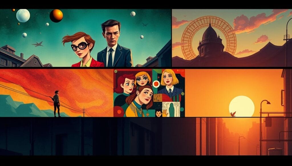 Un escenario artístico de Spy x Family con diferentes estilos pictóricos: en el primer plano, los personajes principales de la serie - Loid, Anya y Yor - representados en un estilo surrealista y vibrante, con colores brillantes y formas abstractas que capturan su naturaleza peculiar y misteriosa. En el plano medio, un collage de viñetas de la serie en diferentes géneros artísticos como el expresionismo, el cubismo y el art nouveau, reflejando la diversidad de estilos que caracterizan a Spy x Family. En el fondo, un paisaje urbano que evoca la atmósfera de la serie, con una iluminación suave y una paleta de colores cálidos que envuelven la escena en un ambiente misterioso y sofisticado.