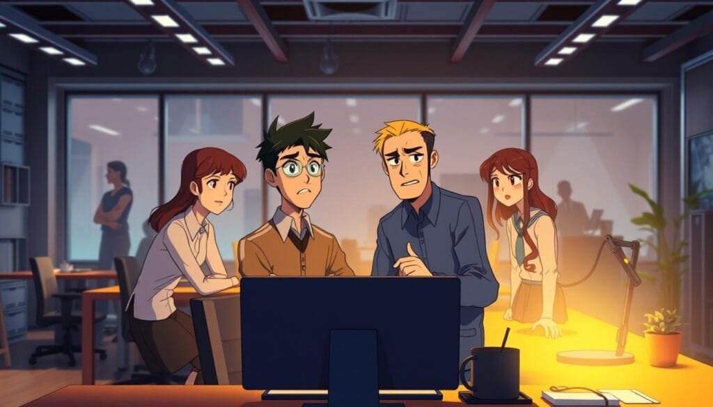 Un escenario de oficina luminoso con personas en el fondo, en el primer plano un grupo de personas discutiendo animadamente sobre una computadora portátil, expresiones faciales de confusión y frustración, colores cálidos, iluminación cálida, estilo realista, alta resolución, espacio de trabajo de oficina de Spy x Family con elementos reconocibles del anime como los personajes principales.