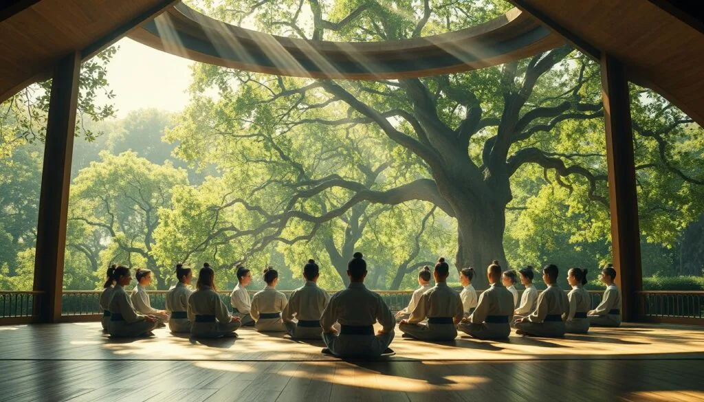 Un escenario místico de Jujutsu Kaisen, bañado en una suave luz cálida que se filtra a través de una ventana circular. Enormes árboles de hojas verdes se alzan en el fondo, su follaje espeso y sinuoso. En el centro, un grupo de estudiantes de la Escuela de Jujutsu se reúne en un círculo, meditando en silencio. Sus rostros reflejan una serenidad profunda, mientras una energía espiritual los envuelve. Los rayos de luz se proyectan sobre ellos, creando sombras alargadas que se entrecruzan en el suelo de madera pulida. La atmósfera es tranquila y contemplativa, invitando al observador a unirse a este momento de introspección y conexión con lo sobrenatural.