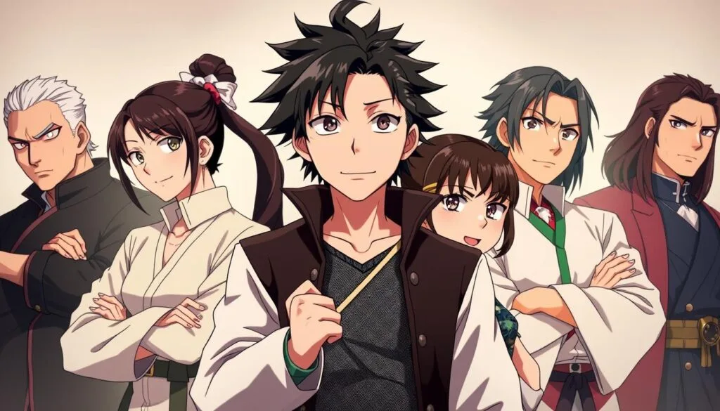 Un grupo de personajes manga de estilo anime, con rasgos faciales y expresiones emotivas, posando con confianza y determinación. Tanjiro Kamado, el protagonista, en el centro, con su hermana Nezuko a su lado. Detrás de ellos, otros personajes icónicos de Demon Slayer como Zenitsu, Inosuke y Giyu Tomioka. Cada uno con un diseño de personaje único, con detalles como ropa, accesorios y poses que capturan su personalidad. Iluminación suave y cálida, que enfatiza los colores vibrantes y el estilo de ilustración manga. Fondo difuminado que crea profundidad y enfoca la atención en los personajes.