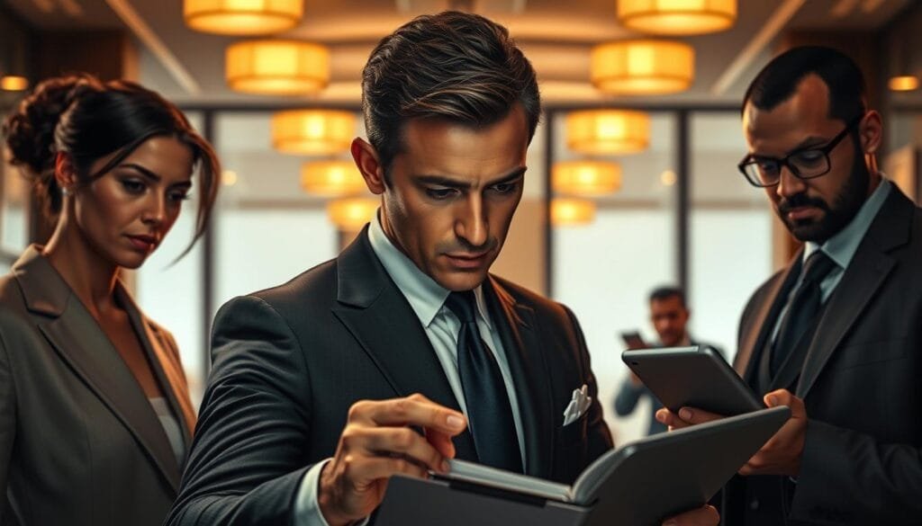 Una escena en una oficina elegante con luz cálida y sutil. En el centro, el agente Bond de Spy x Family, con su traje impecable y su mirada perspicaz, examina unos archivos confidenciales. Alrededor, sus colegas secundarios: una analista de datos con un look sofisticado, un experto en tecnología con una tablet en la mano, y una agente de campo con un aire misterioso. Todos ellos inmersos en una misión de espionaje, rodeados de detalles de decoración que evocan el estilo y la sofisticación de la serie. La composición logra capturar la tensión y la intriga que rodean a estos personajes, creando una imagen que refleja perfectamente el mundo de Spy x Family.