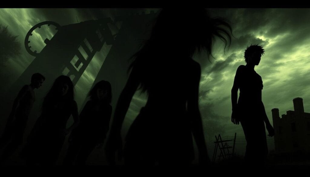 Una escena oscura y sombría de Chainsaw Man, con un grupo de personajes secundarios y antagonistas. En el primer plano, figuras siniestras y distorsionadas con rasgos inquietantes, rodeadas de sombras y energía maligna. En el fondo, un paisaje desolado y ominoso, con edificios en ruinas y un cielo tormentoso. Iluminación tenebrosa y contrastes dramáticos, creando una atmósfera opresiva y perturbadora. Los personajes emanan una sensación de peligro y maldad, reflejando la naturaleza peligrosa y caótica del mundo de Chainsaw Man. Una escena oscura y sombría de Chainsaw Man, con un grupo de personajes secundarios y antagonistas. En el primer plano, figuras siniestras y distorsionadas con rasgos inquietantes, rodeadas de sombras y energía maligna. En el fondo, un paisaje desolado y ominoso, con edificios en ruinas y un cielo tormentoso. Iluminación tenebrosa y contrastes dramáticos, creando una atmósfera opresiva y perturbadora. Los personajes emanan una sensación de peligro y maldad, reflejando la naturaleza peligrosa y caótica del mundo de Chainsaw Man.