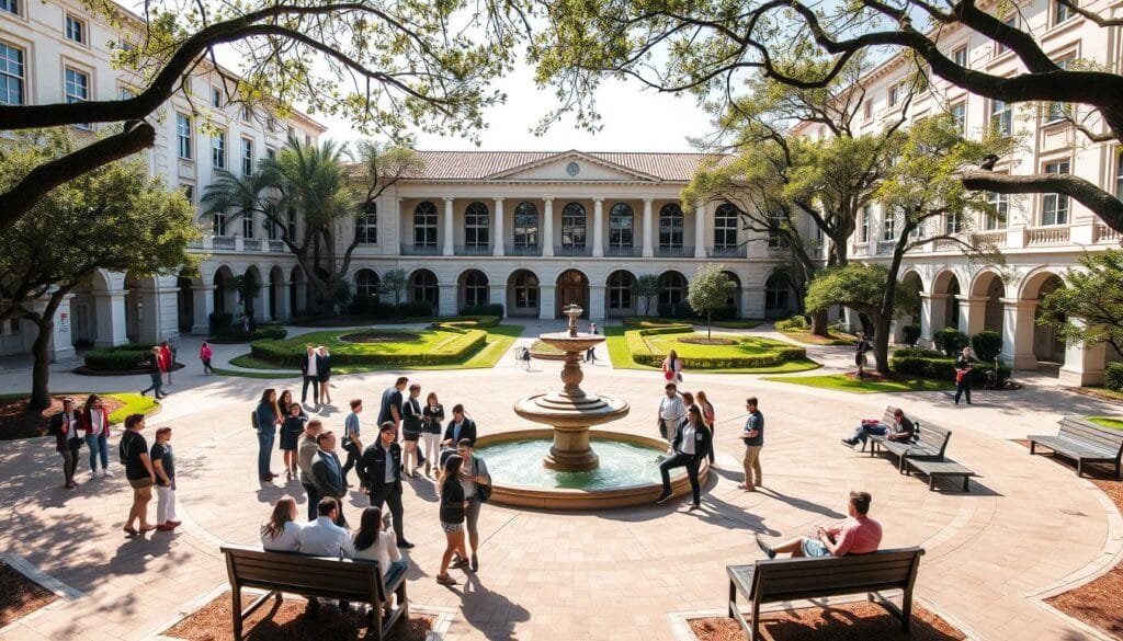 Una escuela secundaria Eden Academy con hermosos edificios de arquitectura clásica, rodeada de un frondoso parque con árboles frondosos y senderos serpenteantes. En el patio central, estudiantes de uniformes escolares se reúnen alrededor de una fuente ornamental, conversando animadamente y disfrutando de los cálidos rayos de sol que se filtran a través de las hojas. En un rincón, un grupo de amigos juega al fútbol en el césped bien cuidado, mientras que en otro lado, algunos estudiantes estudian tranquilamente en los bancos de piedra. La escena transmite un ambiente de tranquilidad, aprendizaje y camaradería, capturando la esencia de la vida académica en Eden Academy.