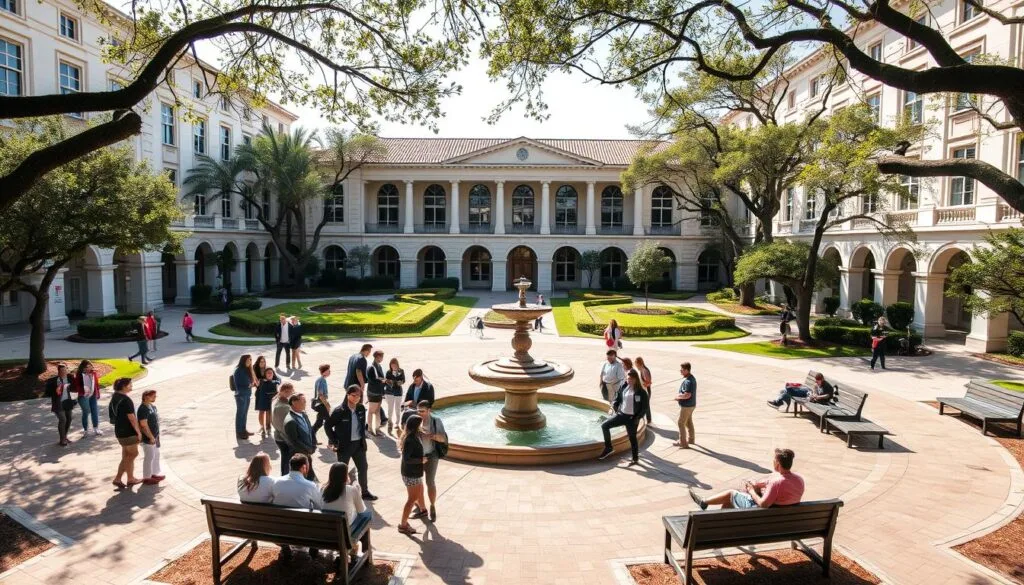Una escuela secundaria Eden Academy con hermosos edificios de arquitectura clásica, rodeada de un frondoso parque con árboles frondosos y senderos serpenteantes. En el patio central, estudiantes de uniformes escolares se reúnen alrededor de una fuente ornamental, conversando animadamente y disfrutando de los cálidos rayos de sol que se filtran a través de las hojas. En un rincón, un grupo de amigos juega al fútbol en el césped bien cuidado, mientras que en otro lado, algunos estudiantes estudian tranquilamente en los bancos de piedra. La escena transmite un ambiente de tranquilidad, aprendizaje y camaradería, capturando la esencia de la vida académica en Eden Academy. Una escuela secundaria Eden Academy con hermosos edificios de arquitectura clásica, rodeada de un frondoso parque con árboles frondosos y senderos serpenteantes. En el patio central, estudiantes de uniformes escolares se reúnen alrededor de una fuente ornamental, conversando animadamente y disfrutando de los cálidos rayos de sol que se filtran a través de las hojas. En un rincón, un grupo de amigos juega al fútbol en el césped bien cuidado, mientras que en otro lado, algunos estudiantes estudian tranquilamente en los bancos de piedra. La escena transmite un ambiente de tranquilidad, aprendizaje y camaradería, capturando la esencia de la vida académica en Eden Academy.