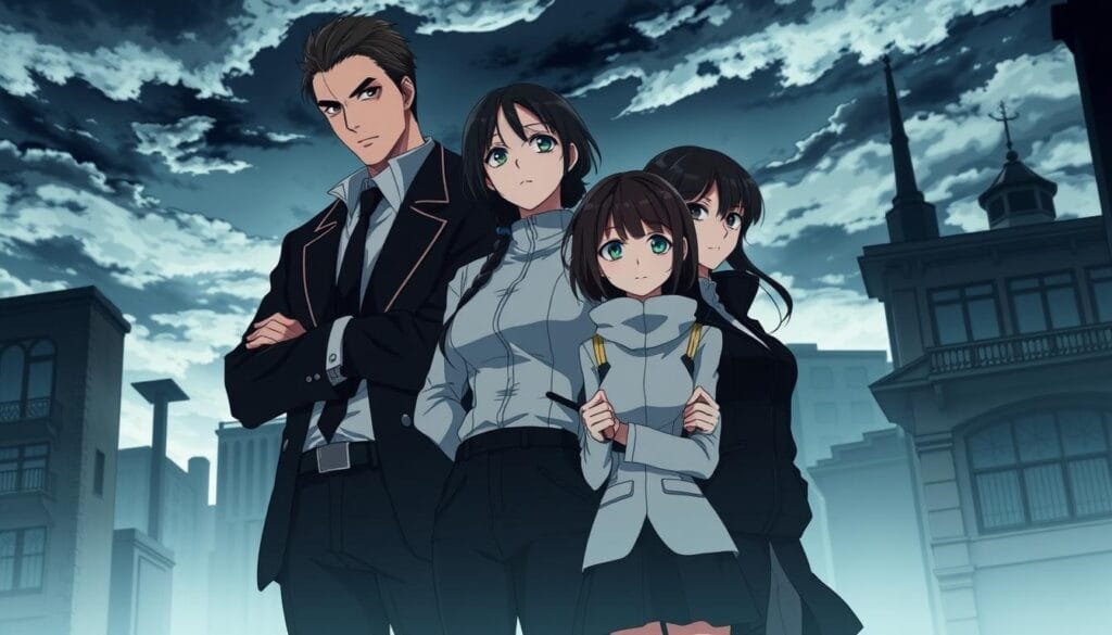 Una imagen de alta calidad que muestra una escena de la serie de anime y manga "Spy x Family". En primer plano, el padre Loid Forger, la madre Yor Forger y la hija Anya Forger posando juntos con una expresión seria y profesional, como si fueran una familia de espías. En el fondo, un conjunto de edificios y rascacielos, con un cielo nublado y una iluminación suave y sombría que evoca el tono misterioso y de intriga de la serie. La imagen tiene una paleta de colores fría y desaturada, acentuando la naturaleza secreta y sigilosa de los personajes. La composición está bien equilibrada y enfatiza la unión familiar a pesar de los peligros que enfrentan. Toda la escena transmite la esencia de "Spy x Family" de una manera visualmente impactante y envolvente.