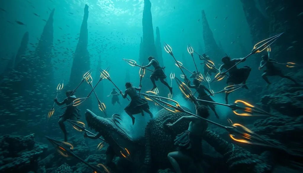 Underwater action scene of the Na'vi people engaging in a high-stakes battle, with fierce warriors wielding glowing trident-like weapons and riding fearsome sea creatures. The foreground is dominated by the intense clash of combatants, their movements captured in a dynamic blur. The middle ground reveals a vast underwater landscape, with schools of exotic, bioluminescent fish darting between towering, alien coral formations. The background is shrouded in an ominous, deep-blue hue, creating a sense of mysterious vastness. Dramatic lighting casts dramatic shadows and highlights the warriors' intense expressions, conveying the gravity of the situation. The overall tone is one of breathtaking, cinematic grandeur befitting the epic scale of the Na'vi's aquatic warfare.