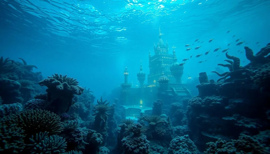 Underwater kingdom of Atlantica: A vast, shimmering expanse of azure waters, illuminated by the glow of bioluminescent marine life. In the foreground, ornate coral formations and swaying kelp forests sway gently, creating a serene and enchanting atmosphere. In the middle ground, majestic sea palaces and underwater architecture stand tall, their intricate designs reflecting the advanced civilization that resides within. The background fades into the deep, mysterious depths, where schools of vibrant tropical fish dart through the current. Soft, diffused lighting filters through the water, casting a warm, ethereal glow over the entire scene. Captured through the lens of a high-resolution underwater camera, this image evokes a sense of wonder and exploration, inviting the viewer to immerse themselves in the wonders of Atlantica.