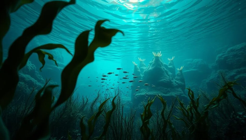 Underwater landscapes of Pandora, a lush alien world teeming with bioluminescent flora and fauna. In the foreground, swaying kelp forests sway gently in the current, their ethereal tendrils illuminating the depths. The middle ground reveals a school of colorful, otherworldly fish darting through the water, their iridescent scales catching the soft, ambient light. In the background, towering mountains of coral rise up, their intricate structures capped with glowing caps. The scene is bathed in a warm, blue-green glow, creating an atmosphere of tranquil wonder and alien beauty. Capture this captivating aquatic dreamscape through a wide-angle lens, framed to emphasize the scale and grandeur of Pandora's subaquatic realm.