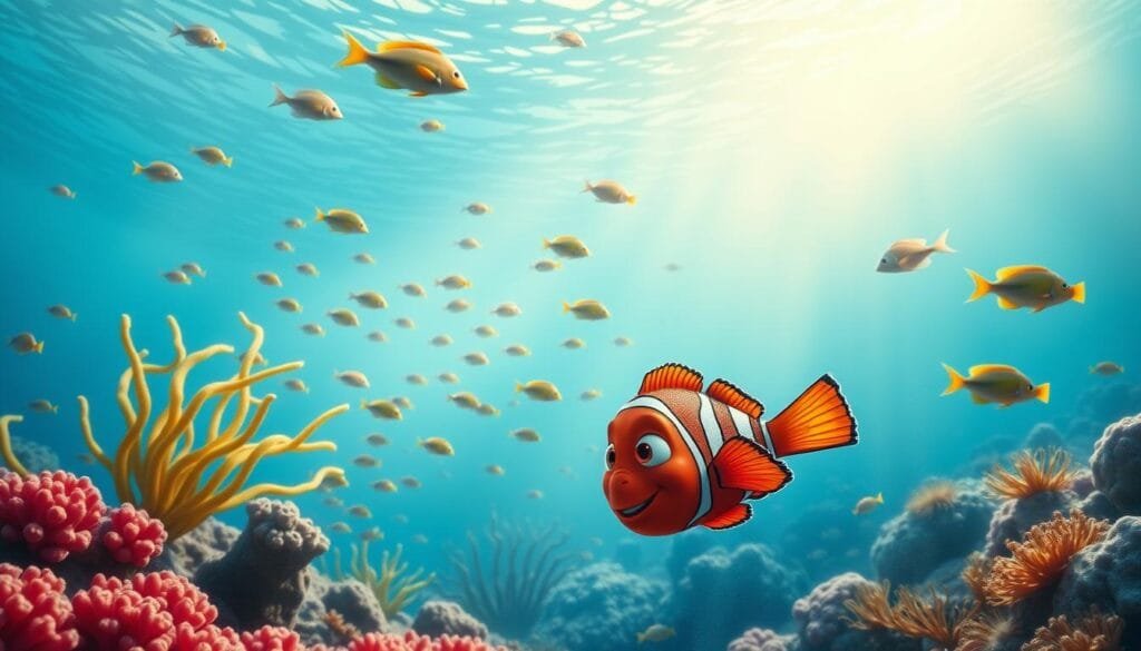Underwater vibrant seascape featuring the characters from the animated film "Finding Nemo". In the foreground, Nemo and Marlin swim through a coral reef, their bodies shimmering with lifelike textures. In the middle ground, schools of tropical fish dart between swaying seaweed and anemones. The background depicts the vast, hazy blue expanse of the open ocean, with sunlight filtering down from the surface. The overall scene has a whimsical, painterly aesthetic with a warm, saturated color palette reminiscent of impressionist or expressionist art styles. Underwater vibrant seascape featuring the characters from the animated film "Finding Nemo". In the foreground, Nemo and Marlin swim through a coral reef, their bodies shimmering with lifelike textures. In the middle ground, schools of tropical fish dart between swaying seaweed and anemones. The background depicts the vast, hazy blue expanse of the open ocean, with sunlight filtering down from the surface. The overall scene has a whimsical, painterly aesthetic with a warm, saturated color palette reminiscent of impressionist or expressionist art styles.