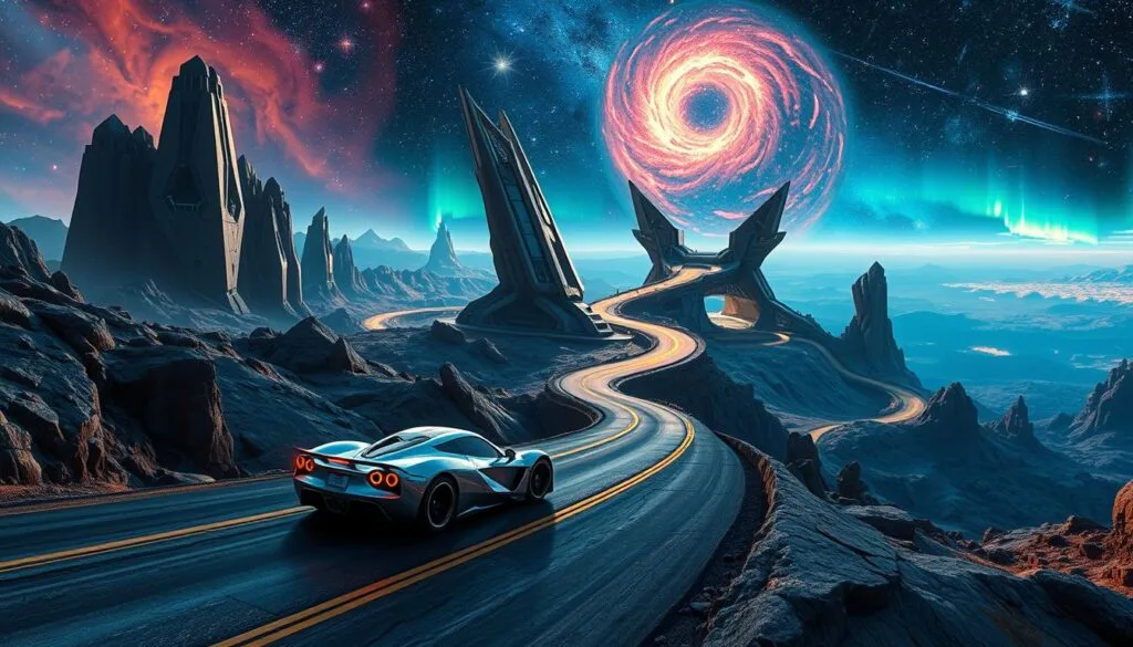 Vast, interstellar landscapes of the Cars universe, where winding roads twist through towering rock formations and swirling nebulae. In the foreground, a sleek, futuristic sports car navigates the luminous pathways, its chrome body reflecting the cosmic tapestry. The middle ground features massive, angular constructions in shades of steel and glass, hinting at advanced civilizations. The background is a mesmerizing vista of distant galaxies, auroras, and celestial phenomena, creating an otherworldly atmosphere. Dramatic lighting casts dramatic shadows, emphasizing the grand scale and technological marvels of this fantastical automotive realm. Cinematic, wide-angle perspective captures the scope and grandeur of this iconic Cars setting. Vast, interstellar landscapes of the Cars universe, where winding roads twist through towering rock formations and swirling nebulae. In the foreground, a sleek, futuristic sports car navigates the luminous pathways, its chrome body reflecting the cosmic tapestry. The middle ground features massive, angular constructions in shades of steel and glass, hinting at advanced civilizations. The background is a mesmerizing vista of distant galaxies, auroras, and celestial phenomena, creating an otherworldly atmosphere. Dramatic lighting casts dramatic shadows, emphasizing the grand scale and technological marvels of this fantastical automotive realm. Cinematic, wide-angle perspective captures the scope and grandeur of this iconic Cars setting.