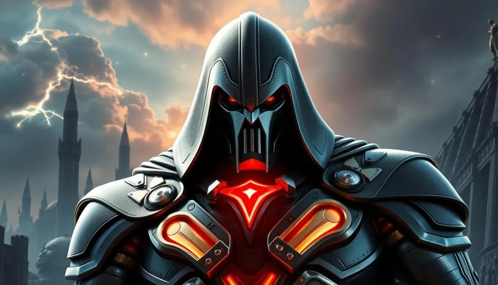 Versiones alternativas de Doctor Doom: una imponente figura cubierta en una armadura futurista de tonos metálicos, con una máscara intimidante que oculta su rostro. Destellos de energía crepitan a su alrededor, mientras se alza majestuoso en un paisaje apocalíptico de torres derrumbadas y nubes tormentosas. Su mirada penetrante y los símbolos de poder en su indumentaria sugieren un gobernante despiadado y sediento de dominio. Iluminado por una luz dramática que acentúa sus rasgos angulares, este Doctor Doom alternativo exuda una presencia imponente y amenazadora. Versiones alternativas de Doctor Doom: una imponente figura cubierta en una armadura futurista de tonos metálicos, con una máscara intimidante que oculta su rostro. Destellos de energía crepitan a su alrededor, mientras se alza majestuoso en un paisaje apocalíptico de torres derrumbadas y nubes tormentosas. Su mirada penetrante y los símbolos de poder en su indumentaria sugieren un gobernante despiadado y sediento de dominio. Iluminado por una luz dramática que acentúa sus rasgos angulares, este Doctor Doom alternativo exuda una presencia imponente y amenazadora.