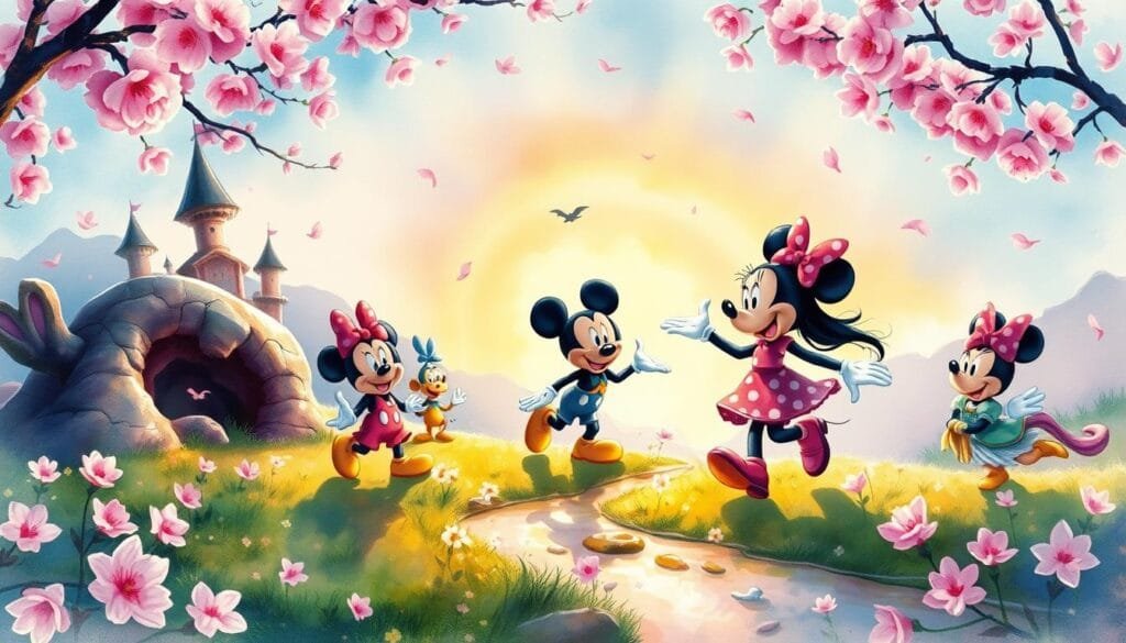 Vibrant Disney fanart, painted in a stunning watercolor style. A magical, whimsical scene unfolds, with beloved characters brought to life through bold brushstrokes and rich, vibrant hues. Mickey, Minnie, and their friends frolic in a lush, dreamlike landscape, surrounded by swirling cherry blossoms and shimmering reflections. Warm, diffused lighting casts a soft, romantic glow, highlighting the delicate textures and organic flow of the watercolor medium. The composition is balanced and dynamic, drawing the viewer into this enchanting, fairytale-like world. An exquisite blend of classic Disney charm and the unique, expressive qualities of the watercolor technique.