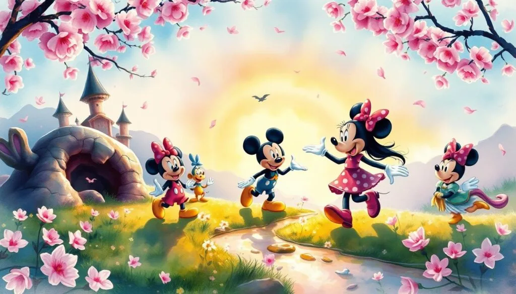 Vibrant Disney fanart, painted in a stunning watercolor style. A magical, whimsical scene unfolds, with beloved characters brought to life through bold brushstrokes and rich, vibrant hues. Mickey, Minnie, and their friends frolic in a lush, dreamlike landscape, surrounded by swirling cherry blossoms and shimmering reflections. Warm, diffused lighting casts a soft, romantic glow, highlighting the delicate textures and organic flow of the watercolor medium. The composition is balanced and dynamic, drawing the viewer into this enchanting, fairytale-like world. An exquisite blend of classic Disney charm and the unique, expressive qualities of the watercolor technique.