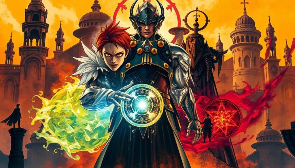 Vibrant and dynamic FMA-inspired artwork, showcasing the series' iconic alchemical elements in various artistic styles. A central figure, perhaps the Elric brothers, stands in the foreground, their transmutation circles glowing with energy. The middle ground features a collage of supporting characters, each rendered in a distinct artistic medium - oil painting, charcoal sketch, watercolor wash. The background depicts the vast, otherworldly landscapes of the FMA universe, with intricate architectural details and alchemical sigils etched into the environment. The overall composition is balanced and harmonious, with a sense of movement and visual interest that draws the viewer in. Warm, dramatic lighting casts dramatic shadows, heightening the sense of depth and atmosphere.