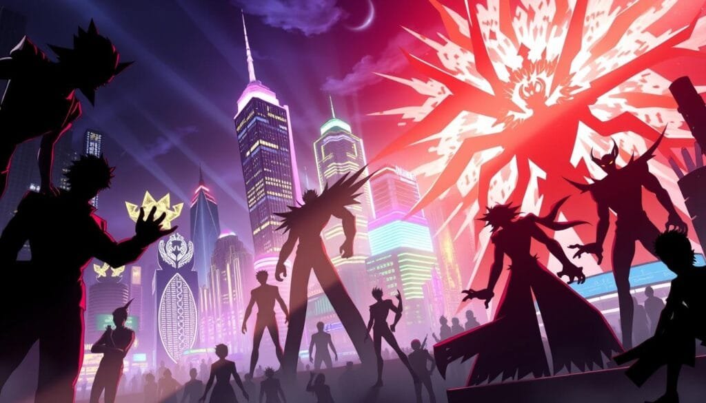 Vibrant and dynamic scene showcasing the iconic Stands from JoJo's Bizarre Adventure. In the foreground, the powerful and distinct silhouettes of Stands like Star Platinum, Hermit Purple, and Magician's Red loom large, their otherworldly energies palpable. The middle ground features a bustling city backdrop, with skyscrapers and neon-lit streets, creating an electric atmosphere. The lighting is dramatic, with beams of light cutting through the shadows, lending an almost cinematic quality to the scene. The overall mood is one of excitement and wonder, capturing the over-the-top spirit of the anime series. The composition is balanced and visually striking, drawing the viewer's eye to the central Stands in a way that showcases their power and uniqueness.