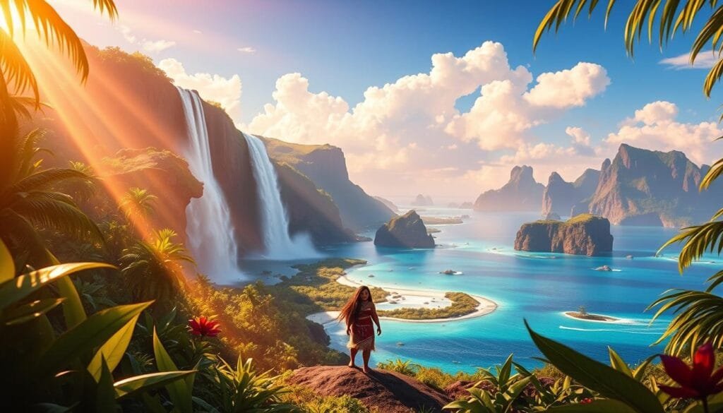 Vibrant and ethereal landscape of Moana's island paradise, with lush tropical foliage in the foreground framing a breathtaking view of towering waterfalls cascading into crystal-clear turquoise lagoons. Warm, golden sunlight filters through wispy clouds, casting a magical glow across the scene. In the middle ground, Moana stands tall and confident, her flowing hair and traditional Polynesian attire billowing in a gentle breeze. The background features sweeping vistas of rugged volcanic cliffs, their jagged silhouettes receding into the distance. The overall mood is one of tranquility, adventure, and a deep connection to the natural world. Vibrant and ethereal landscape of Moana's island paradise, with lush tropical foliage in the foreground framing a breathtaking view of towering waterfalls cascading into crystal-clear turquoise lagoons. Warm, golden sunlight filters through wispy clouds, casting a magical glow across the scene. In the middle ground, Moana stands tall and confident, her flowing hair and traditional Polynesian attire billowing in a gentle breeze. The background features sweeping vistas of rugged volcanic cliffs, their jagged silhouettes receding into the distance. The overall mood is one of tranquility, adventure, and a deep connection to the natural world.