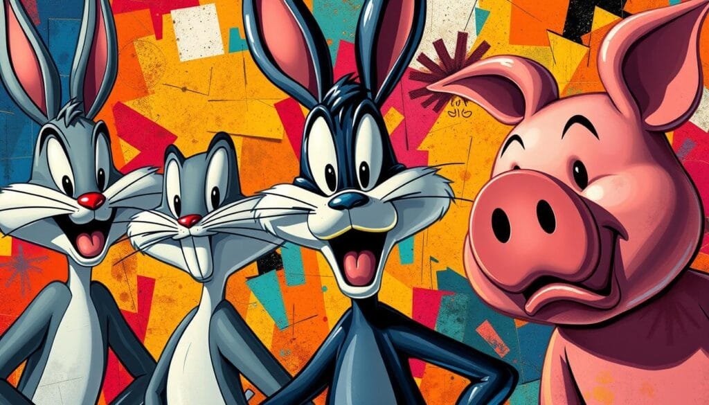 Vibrant and surreal Looney Tunes characters, rendered in a variety of avant-garde art styles. Bugs Bunny, Daffy Duck, and Porky Pig reimagined through the lenses of Cubism, Fauvism, Expressionism, and Surrealism. Bold, distorted shapes and vivid, clashing colors capture the manic energy and whimsical personalities of these beloved cartoon icons. A dreamlike, kaleidoscopic composition that blends their classic designs with abstract, experimental techniques. Dramatic lighting and dynamic camera angles heighten the sense of playful, exaggerated movement. An imaginative fusion of vintage cartoon aesthetics and modern, unconventional artistic styles.