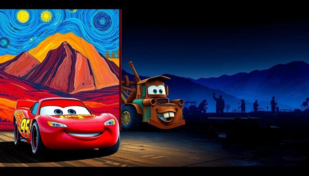 Vibrant, artistic renditions of classic Cars characters in a variety of distinctive art styles. In the foreground, Lightning McQueen and friends depicted in the bold, expressive brushstrokes of a Van Gogh-inspired oil painting. In the middle ground, Mater and the Radiator Springs crew reimagined through the lens of a cubist, geometric interpretation. In the background, silhouettes of Cars vehicles framed by a moody, neon-infused cyberpunk landscape. Dramatic lighting, deep shadows, and a color palette that captures the essence of the Cars universe. An imaginative, visually striking blend of automotive design and artistic expression.