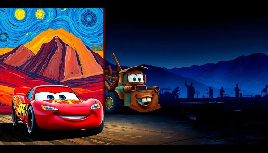 Vibrant, artistic renditions of classic Cars characters in a variety of distinctive art styles. In the foreground, Lightning McQueen and friends depicted in the bold, expressive brushstrokes of a Van Gogh-inspired oil painting. In the middle ground, Mater and the Radiator Springs crew reimagined through the lens of a cubist, geometric interpretation. In the background, silhouettes of Cars vehicles framed by a moody, neon-infused cyberpunk landscape. Dramatic lighting, deep shadows, and a color palette that captures the essence of the Cars universe. An imaginative, visually striking blend of automotive design and artistic expression. Vibrant, artistic renditions of classic Cars characters in a variety of distinctive art styles. In the foreground, Lightning McQueen and friends depicted in the bold, expressive brushstrokes of a Van Gogh-inspired oil painting. In the middle ground, Mater and the Radiator Springs crew reimagined through the lens of a cubist, geometric interpretation. In the background, silhouettes of Cars vehicles framed by a moody, neon-infused cyberpunk landscape. Dramatic lighting, deep shadows, and a color palette that captures the essence of the Cars universe. An imaginative, visually striking blend of automotive design and artistic expression.