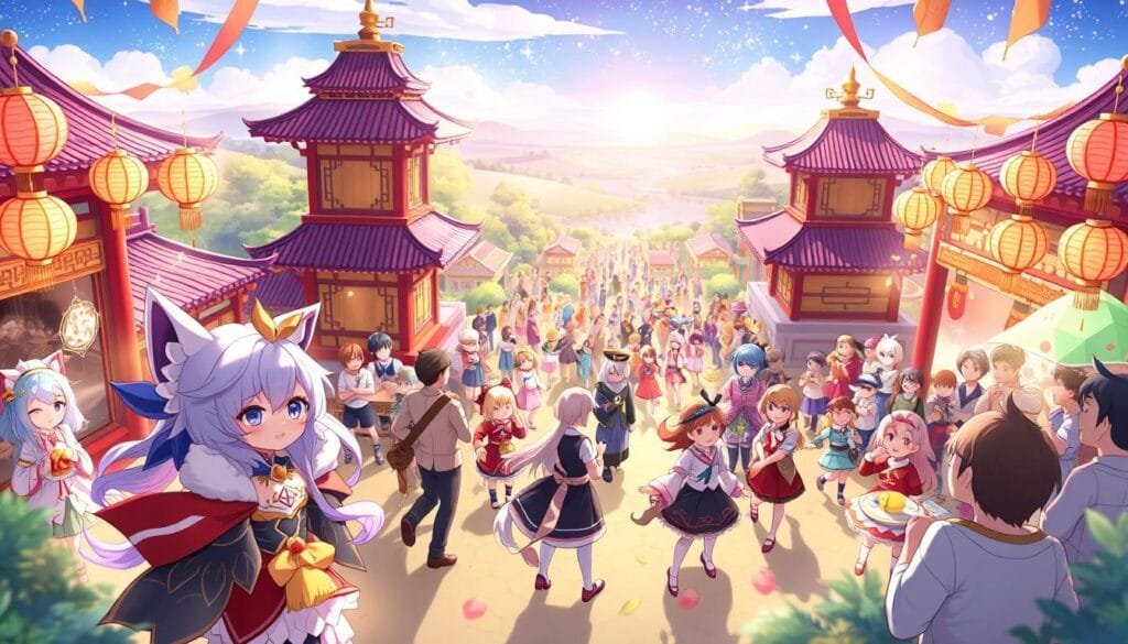 Vibrant celebration in the world of Genshin Impact, with characters gathered in a joyous festival setting. A lively foreground showcases the playful expressions and festive attire of Paimon, Lumine, and Aether, surrounded by decorative lanterns, streamers, and traditional Liyue-inspired architecture. The middle ground features a bustling crowd of diverse Genshin characters, each engaging in their own celebratory activities, such as dancing, playing games, and enjoying traditional fare. In the distant background, a serene landscape of rolling hills, lush vegetation, and a clear, starry sky set the tranquil mood, complementing the exuberant festivities. Warm, vibrant lighting casts a joyful glow over the entire scene, capturing the essence of Genshin Impact's celebratory events.