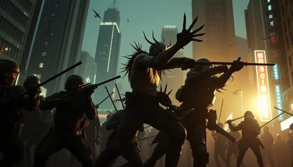 Visceral clash between ghoul and human, a clash of primal instincts and tenuous morality. Ghouls, with razor-sharp kagune lashing out, locked in fierce combat with armored riot police, batons and firearms at the ready. The stark urban landscape of Tokyo serves as the backdrop, towering skyscrapers casting long shadows, neon lights casting an eerie glow. Gritty, high-contrast lighting emphasizes the raw intensity of the battle, shadows and highlights sculpting the forms of the combatants. A sense of desperate struggle, each side fighting for survival, the fate of the city hanging in the balance. Cinematic, wideangle perspective to capture the epic scale of the confrontation.