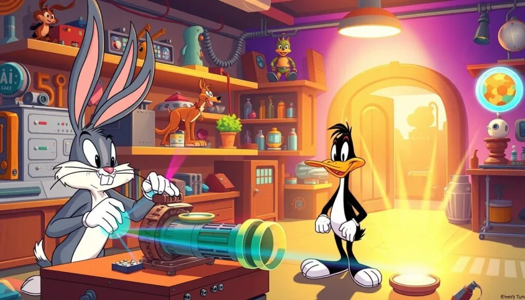 Whimsical AI tools for Looney Tunes: a vibrant cartoon workshop with Bugs Bunny and Daffy Duck tinkering with futuristic gadgets. Cartoon-style lighting bathes the scene in a warm, playful glow. In the foreground, Bugs and Daffy fiddle with a complex machine emitting colorful energy beams. In the middle ground, shelves display an array of AI-powered devices, from a levitating Wile E. Coyote to a Porky Pig-shaped robot. The background features a vibrant, retro-futuristic laboratory backdrop, hinting at the boundless creativity and technology at their fingertips. Convey a sense of whimsy, innovation, and the beloved Looney Tunes aesthetic. Whimsical AI tools for Looney Tunes: a vibrant cartoon workshop with Bugs Bunny and Daffy Duck tinkering with futuristic gadgets. Cartoon-style lighting bathes the scene in a warm, playful glow. In the foreground, Bugs and Daffy fiddle with a complex machine emitting colorful energy beams. In the middle ground, shelves display an array of AI-powered devices, from a levitating Wile E. Coyote to a Porky Pig-shaped robot. The background features a vibrant, retro-futuristic laboratory backdrop, hinting at the boundless creativity and technology at their fingertips. Convey a sense of whimsy, innovation, and the beloved Looney Tunes aesthetic.