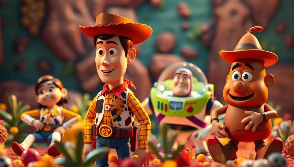 Whimsical Toy Story-inspired image generation platforms, featuring a vibrant and playful foreground with iconic characters like Woody, Buzz Lightyear, and Mr. Potato Head set against a detailed, richly textured background. The scene should convey a sense of wonder and imagination, with carefully crafted lighting and camera angles that showcase the platforms' capabilities in rendering the beloved Toy Story universe in stunning detail. The overall atmosphere should be warm, inviting, and evocative of the beloved animated franchise.