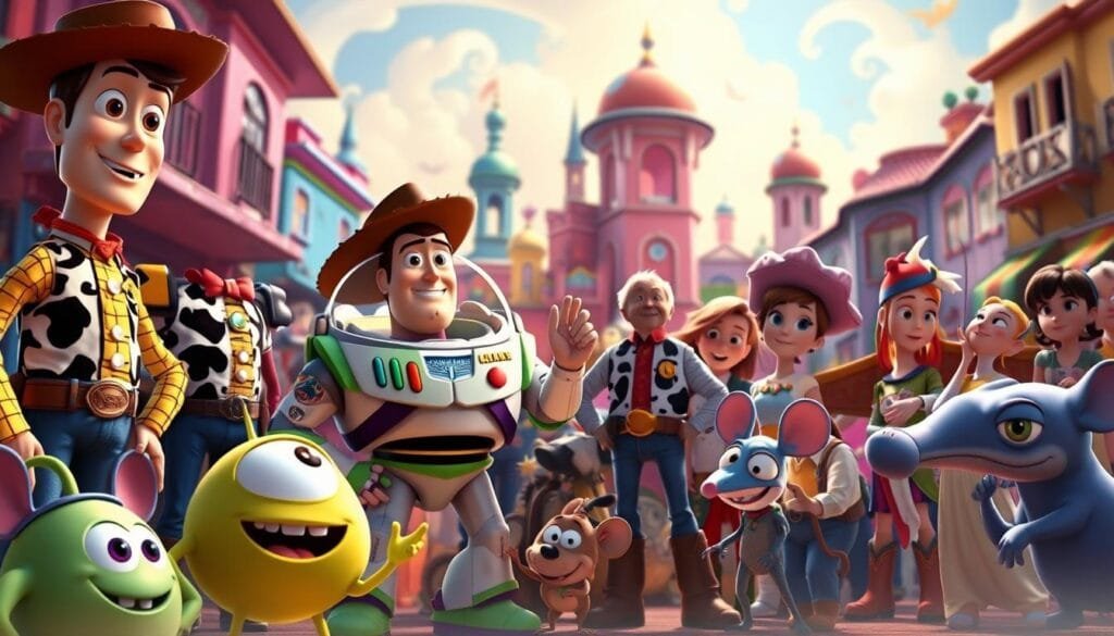 Whimsical and vibrant Pixar characters gathered in a lively scene. In the foreground, iconic heroes like Woody, Buzz Lightyear, and Mike Wazowski stand tall, their expressions animated and engaging. In the middle ground, beloved sidekicks like Dug the dog and Remy the rat interact playfully, showcasing the warmth and humor of the Pixar universe. The background features a richly detailed Pixar-esque environment, with colorful buildings, swirling clouds, and a sense of boundless imagination. Soft, diffuse lighting casts a magical glow over the entire composition, evoking the signature Pixar aesthetic. The overall mood is one of joy, wonder, and the enduring appeal of these cherished animated characters.