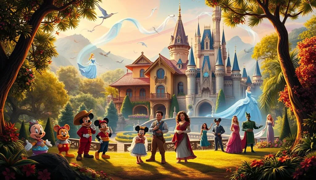 Whimsical crossover scene of the vibrant, fantastical world of Encanto blending seamlessly with the iconic Disney characters and settings. In the foreground, the Madrigal family from Encanto stands in a lush, magical forest, surrounded by beloved Disney characters like Mickey Mouse, Cinderella, and Aladdin. The middle ground features a dreamlike merging of the Encanto hacienda and Cinderella's castle, their architectural styles intertwined. In the background, a swirling kaleidoscope of Disney elements - from flying carpets to glass slippers - create a sense of enchantment and imagination. Warm, saturated lighting casts a vibrant glow, capturing the whimsical fusion of these two beloved Disney universes. Whimsical crossover scene of the vibrant, fantastical world of Encanto blending seamlessly with the iconic Disney characters and settings. In the foreground, the Madrigal family from Encanto stands in a lush, magical forest, surrounded by beloved Disney characters like Mickey Mouse, Cinderella, and Aladdin. The middle ground features a dreamlike merging of the Encanto hacienda and Cinderella's castle, their architectural styles intertwined. In the background, a swirling kaleidoscope of Disney elements - from flying carpets to glass slippers - create a sense of enchantment and imagination. Warm, saturated lighting casts a vibrant glow, capturing the whimsical fusion of these two beloved Disney universes.